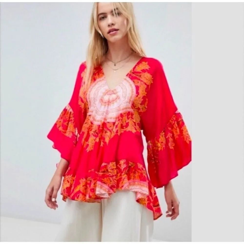 FREE PEOPLE Sunset Dreams Printed Red Tunic Top Size S M Boho Flutter Hippie